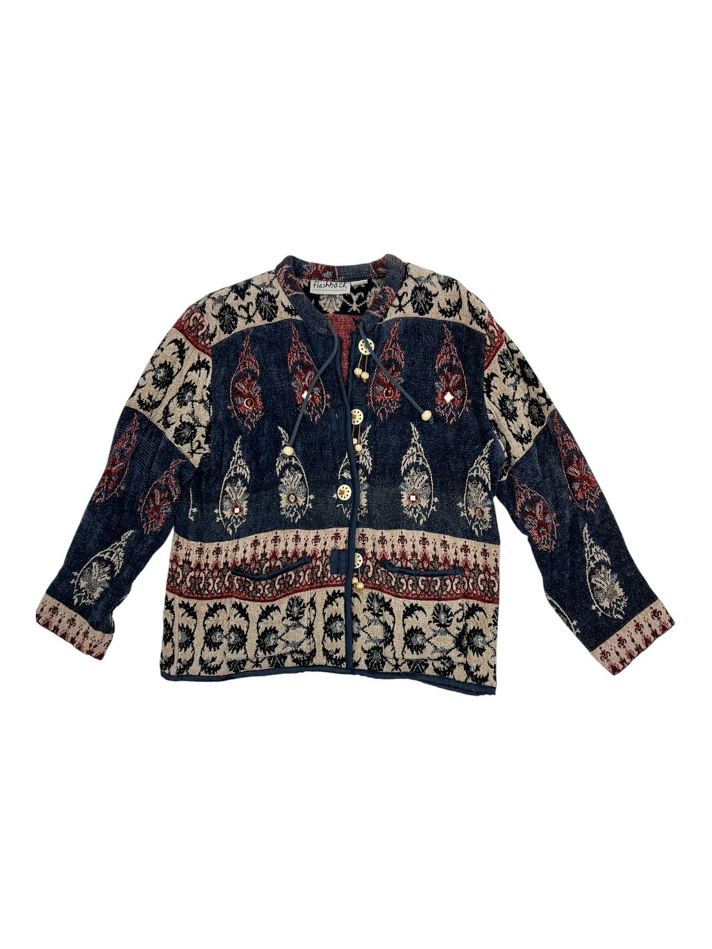 Vintage 90s Flashback woven tapestry jacket bohemian Paisley Print Toggle Button